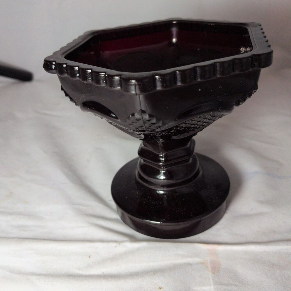 Vintage Avon 1876 Cape Cod Collection Ruby Red Glass Pedestal Candy Dish.